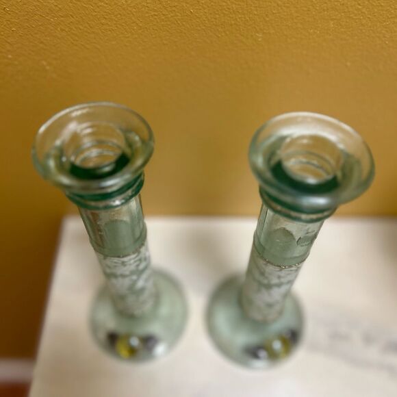 Glass Shabbat Hand Painted Candlesticks with White Flowers - Picture 6 of 9